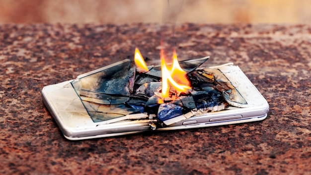 Smartphone del telefono cellulare in fiamme Smartphone in fiamme