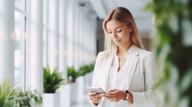 Smartphone della donna di affari al fondo vago bianco dello spazio interno dell'ufficio