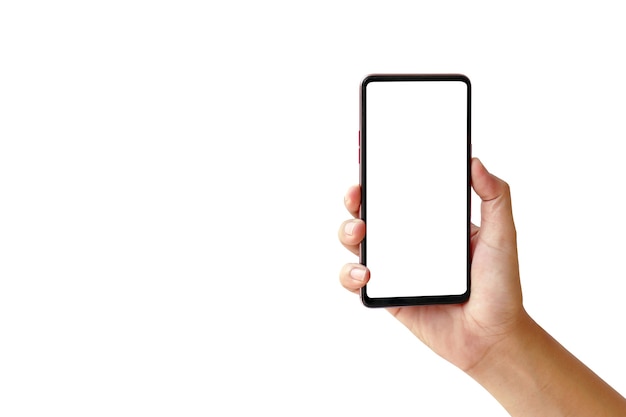 Smartphone della tenuta della mano con lo schermo in bianco su fondo bianco.