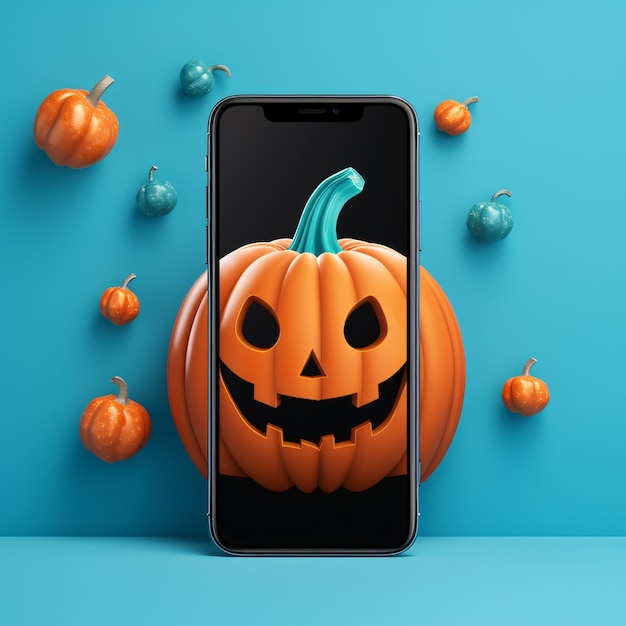 Smartphone di Halloween con zucca su sfondo blu illustrazione 3D