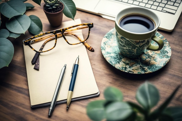 Smartphone e bicchieri della penna della tazza di caffè su una tavola di lavoro