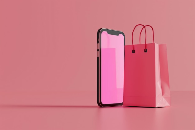Smartphone e borsa della spesa su sfondo rosa