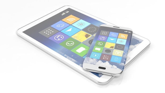 Smartphone e tablet con app quadrate isolate su sfondo bianco