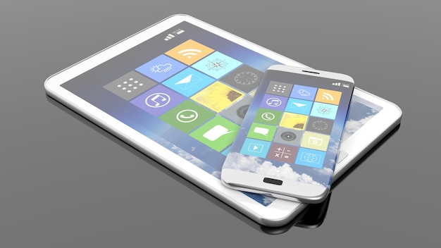 Smartphone e tablet con app quadrate isolate su sfondo nero