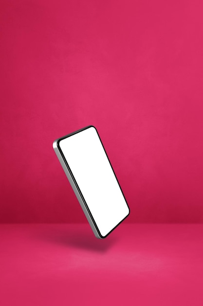 Smartphone galleggiante isolato su sfondo verticale rosa
