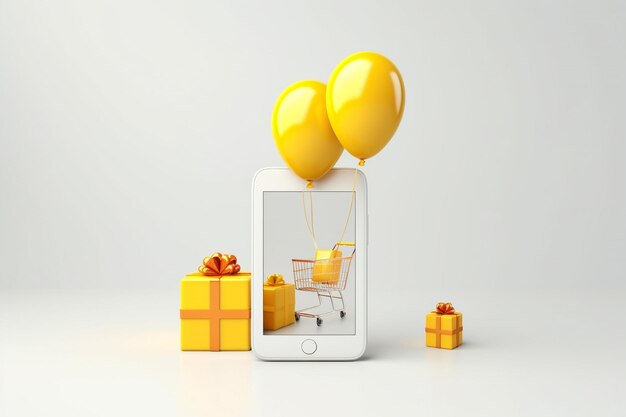 smartphone giallo 3D con carrello della spesa con regalo con palloncino con spazio di copia