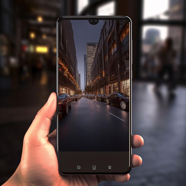 Smartphone in mano sullo sfondo della città notturna rendering 3D