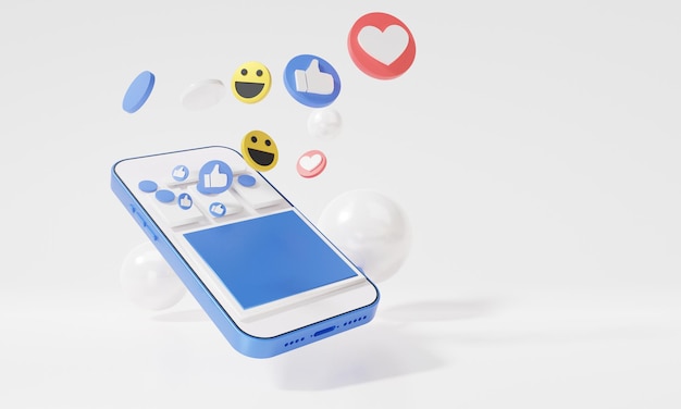 Smartphone marketing digitale mobile Concetto online di social media con mostra emoji, cuore, come, sorriso per comunicare digitalmente minimo su sfondo bianco, banner, sito Web, illustrazione di rendering 3d