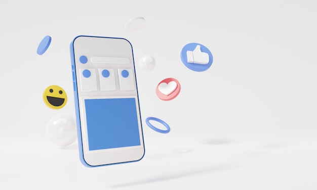 Smartphone marketing digitale mobile Concetto online di social media con mostra emoji, cuore, come, sorriso per comunicare digitalmente minimo su sfondo bianco, banner, sito Web, rendering 3d