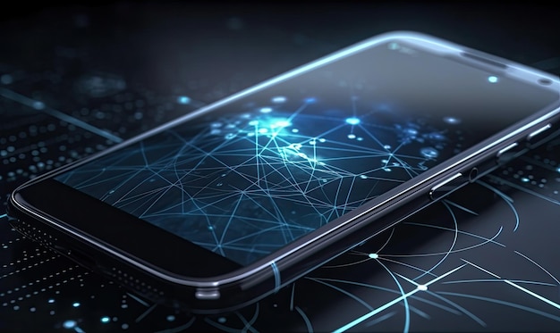 Smartphone mobile con connessione a rete globale Tecnologia innovativa e concetto di comunicazione IA generativa