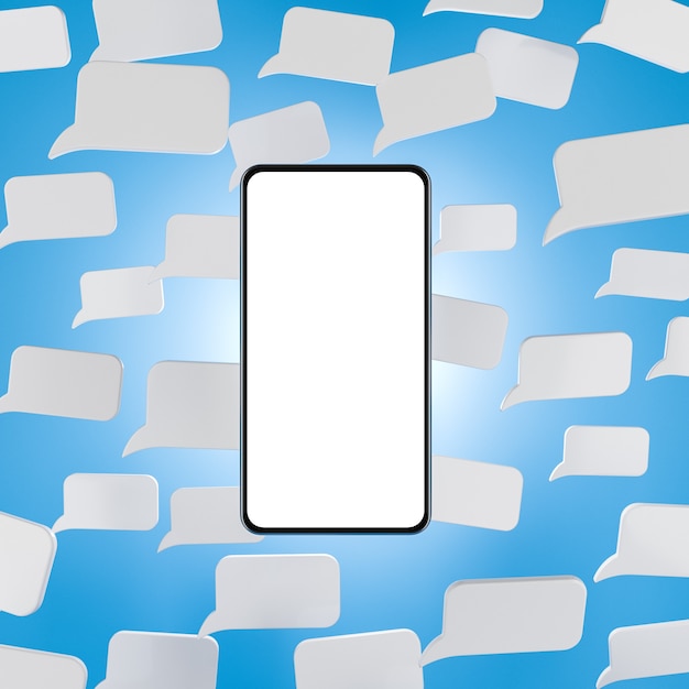 Smartphone mock up schermo su sfondo blu con icone messege bianco Mobile messanger concept