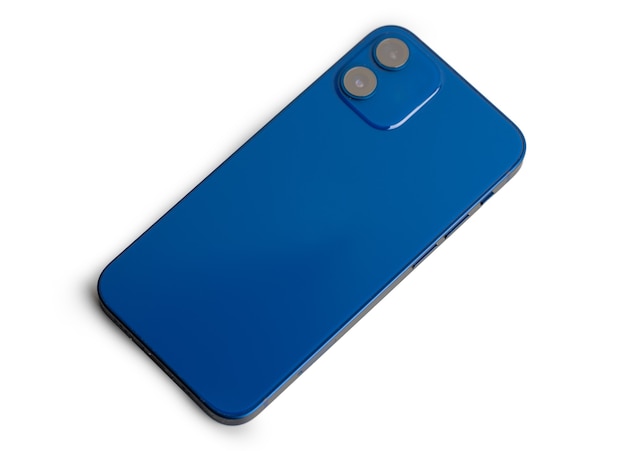 Smartphone moderno blu con fotocamera a doppia lente su superficie grigia