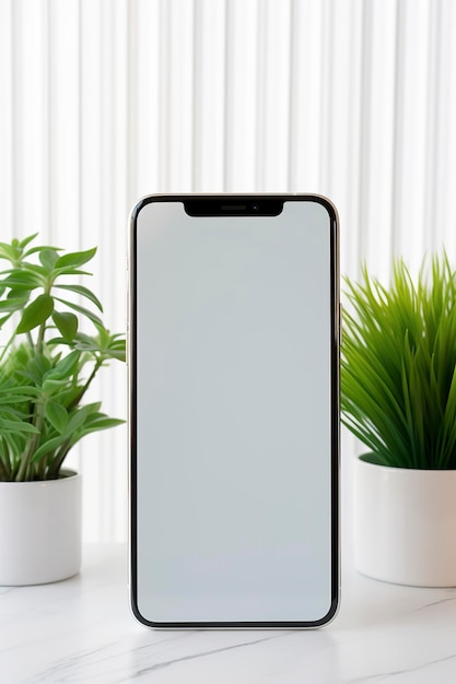Smartphone moderno ed elegante con illustrazione AI generativa con mockup di schermo bianco con piante su un concetto di pubblicità per smartphone sullo sfondo della scrivania