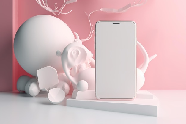 Smartphone moderno telefono cellulare con schermo grigio vuoto in piedi sul podio su sfondo rosa pastello astratto rendering 3d AI generativa