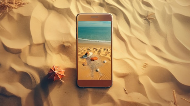Smartphone nella sabbia della spiaggia Scena di vacanza con telefono sulla linea di riva IA generativa