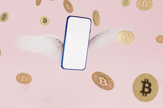 Smartphone online per guadagnare bitcoin con ali attorno alle quali i bitcoin volano rendering 3d