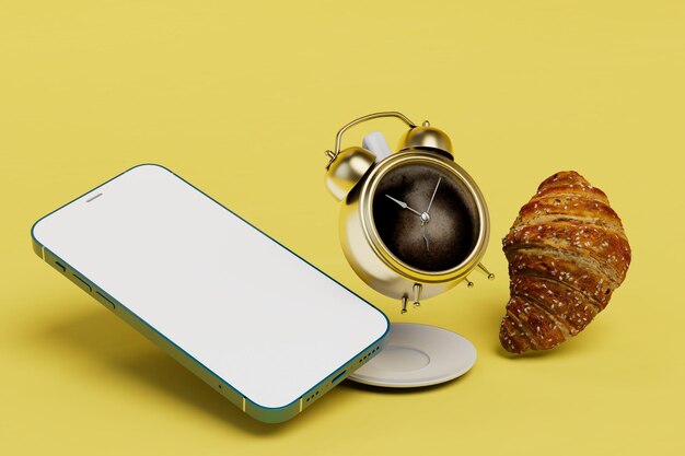 Smartphone pausa caffè una tazza di caffè sotto forma di sveglia e un croissant 3D render