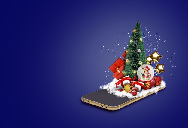 Smartphone su sfondo blu albero di natale presente scatole palloncini a forma di stelle dorate neve glo...