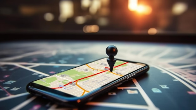 smartphone sul tavolo con mappa e pin di posizione sfocare lo sfondo del traffico bellissima AI generativa AIG32