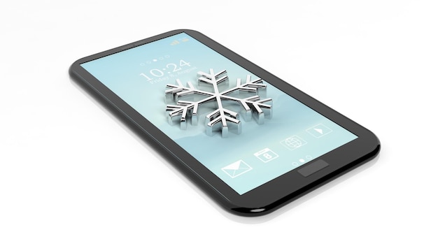 Smartphone tablet con simbolo fiocco di neve isolato su bianco Concetto di previsioni del tempo