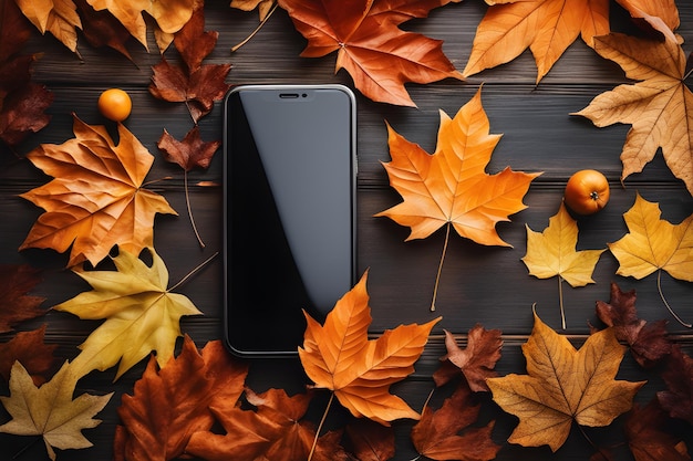 Smartphone visto dall'alto con foglie autunnali