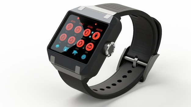 Smartwatch futuristico e compatto su sfondo bianco