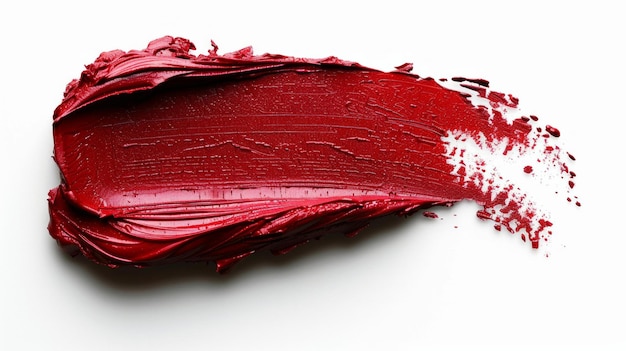 Smaug di rossetto campione rosso brillante isolato su tessuto cremoso bianco colpo cosmetico audace AI generativo