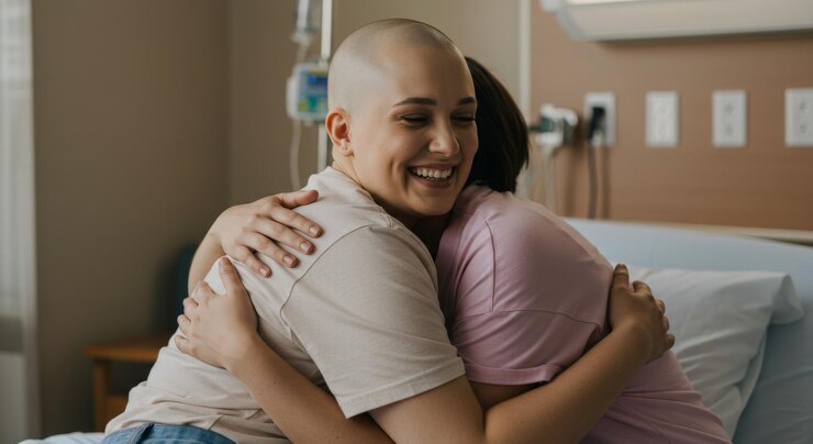 smiling bald woman hugging with a friend fighting breast cancer