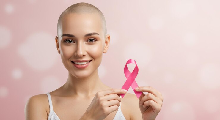 smiling bald woman hugging with a friend fighting breast cancer