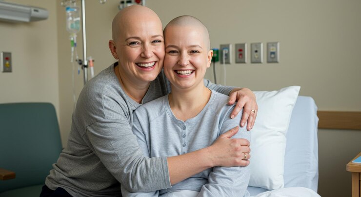 smiling bald woman hugging with a friend fighting breast cancer