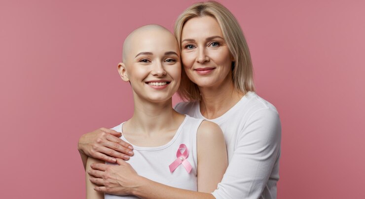 smiling bald woman hugging with a friend fighting breast cancer