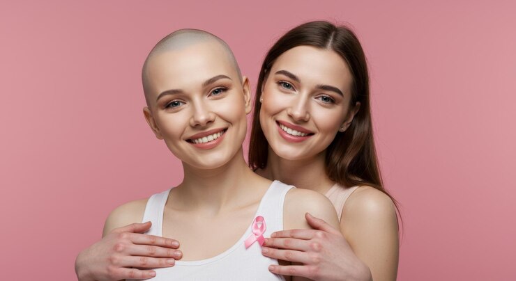 smiling bald woman hugging with a friend fighting breast cancer