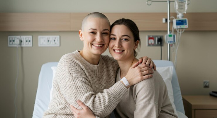 smiling bald woman hugging with a friend fighting breast cancer