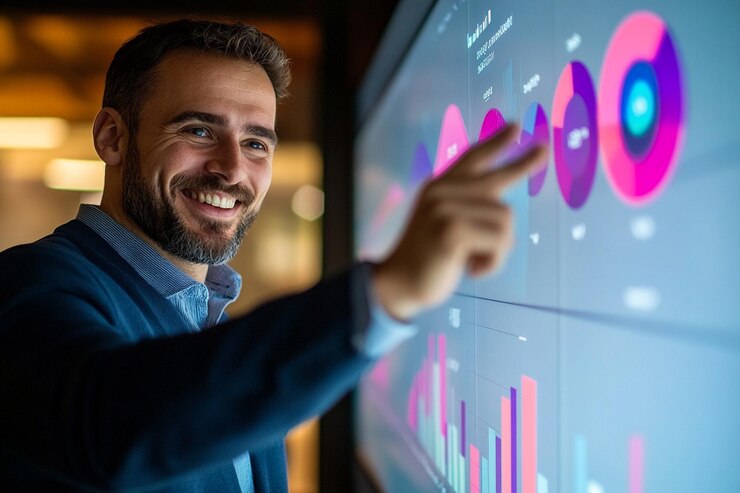 Smiling businessman pointing at data on a large sc