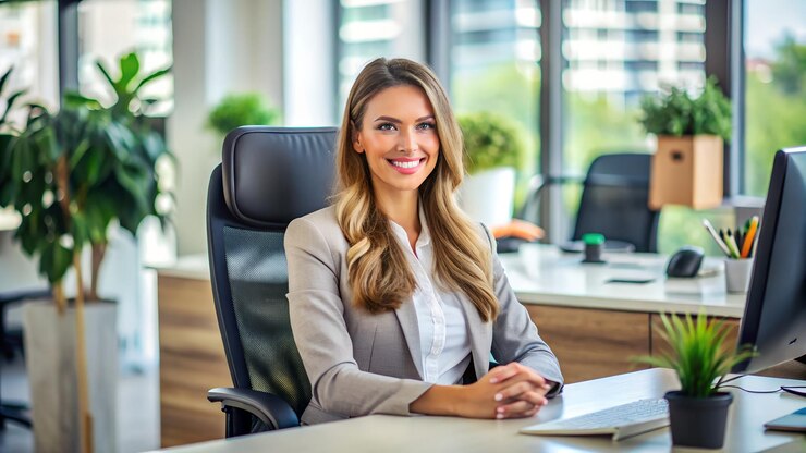 smiling female company office worker satisfied