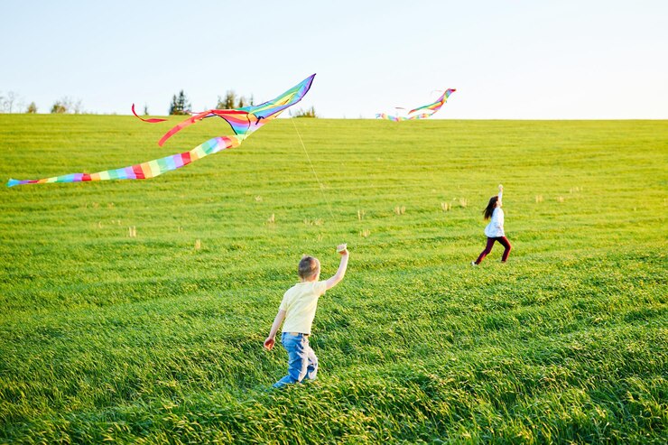 Smiling girl and brother boy running with flying colorful kites on the high grass meadow Happy childhood moments