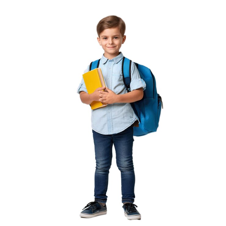 smiling little boy holding book and wearing school backpack on transparency background