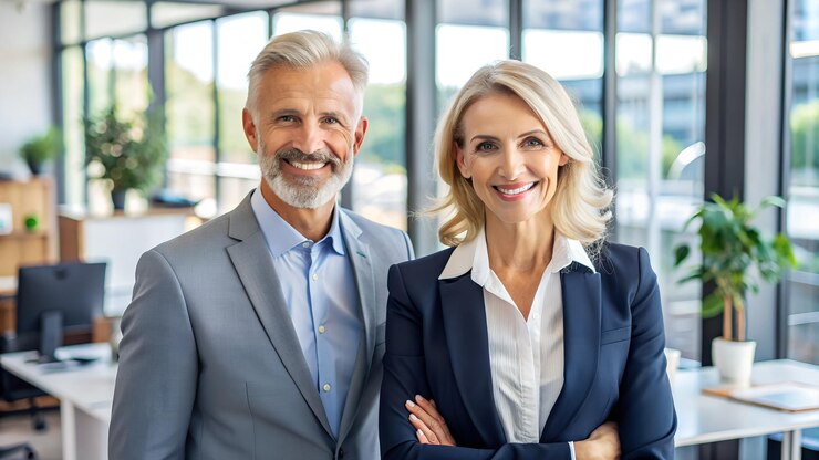 smiling middle aged managers mature businessman