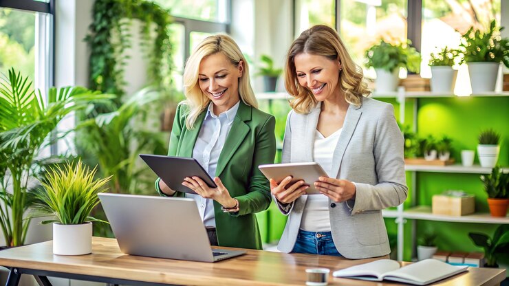 smiling professional ladies entrepreneurs partner