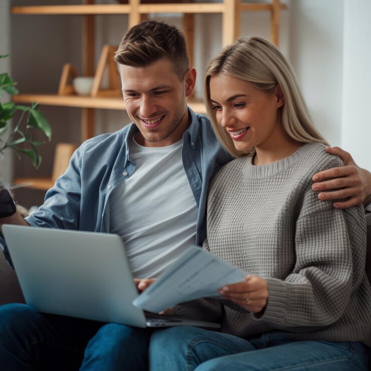 Smiling young couple sit on couch using laptop taking care of utility bills and house read paperwor