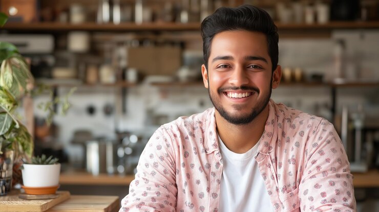Smiling young man in pink shirt in cafe