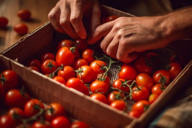 Smistamento di pomodori rossi in scatole raccolte dall'ai generativo dell'orto