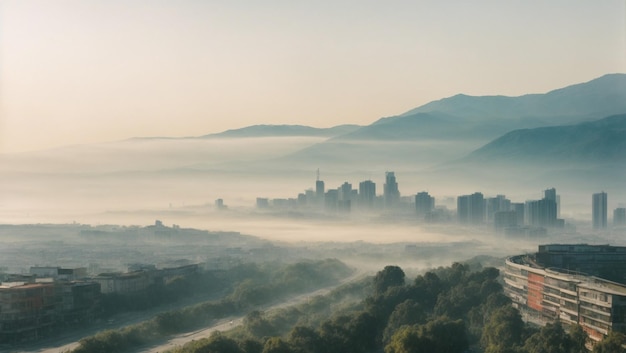 Smog urbano sopra l'orizzonte della città