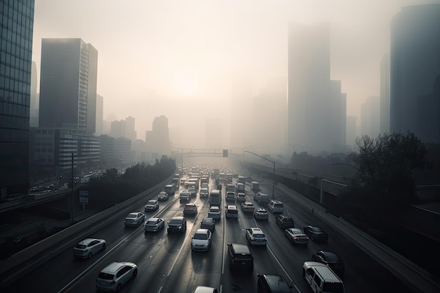 Smoggy skyline della città con edifici sfocati e traffico in primo piano