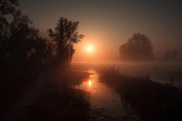 Smoggy tramonto con il sole che fa capolino attraverso la fitta nebbia