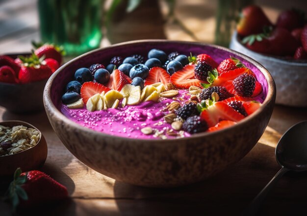 Smoothie bowl ai frutti di bosco presentato in un ambiente tropicale AI Generative