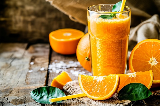 Smoothie d'arancia sullo sfondo rustico