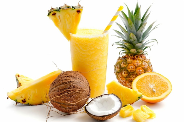 Smoothie di ananas e cocco su sfondo bianco