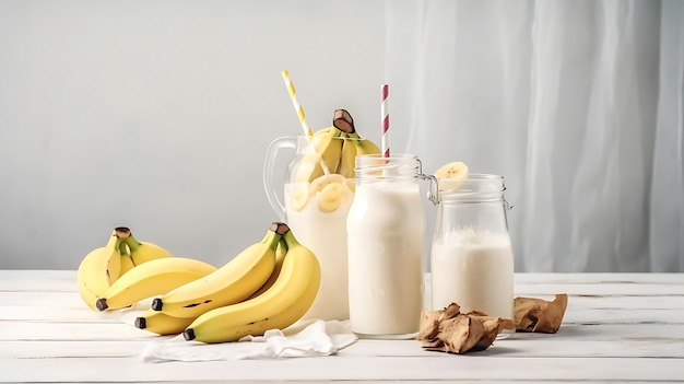 Smoothie di banana in un piatto di vetro su uno sfondo chiaro Close up Ai Generative