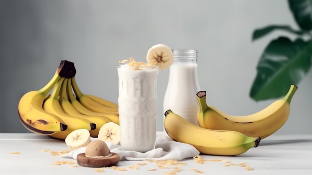 Smoothie di banana in un piatto di vetro su uno sfondo chiaro Close up Ai Generative